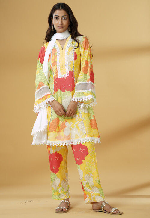 Digital Printed Muslin Silk A Line Suit in Multicolor