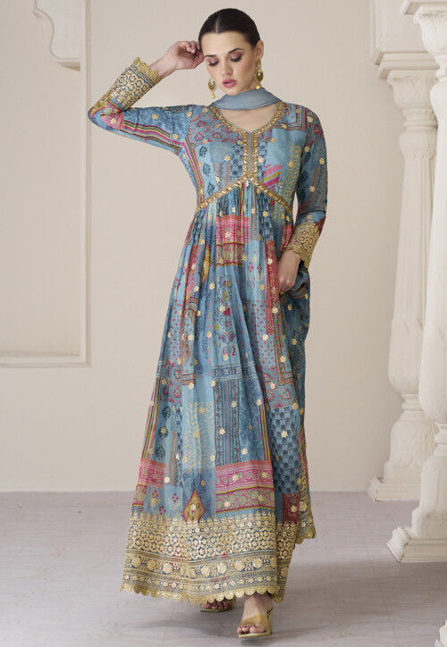 Digital Printed Muslin Silk Abaya Style Suit in Blue