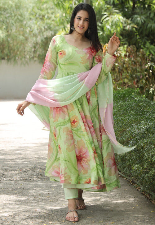 Digital Printed Muslin Silk Anarkali Suit in Light Green