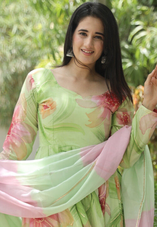 Digital Printed Muslin Silk Anarkali Suit in Light Green