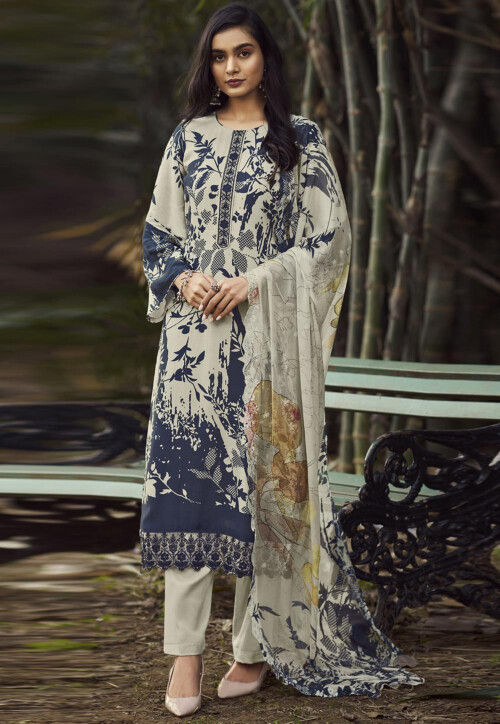 Digital Printed Muslin Silk Pakistani Suit in Blue and White
