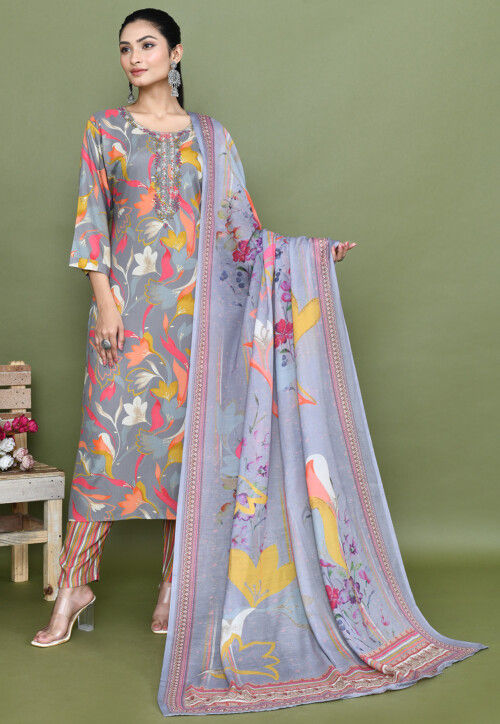 Digital Printed Muslin Silk Pakistani Suit in Grey