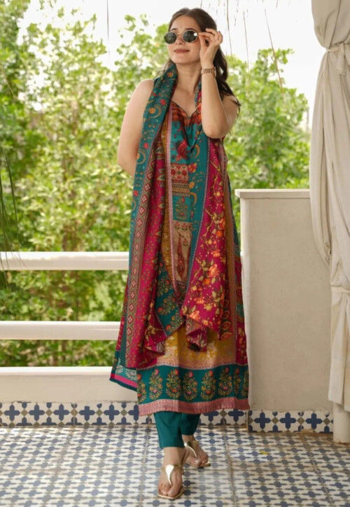 Digital Printed Muslin Silk Pakistani Suit in Multicolor