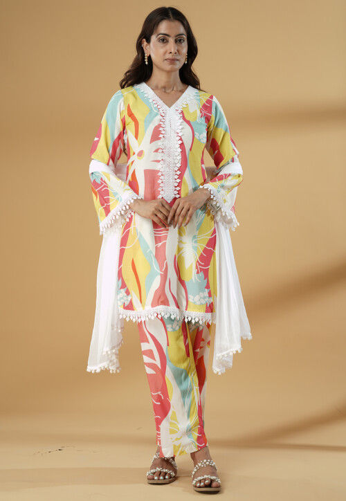 Digital Printed Muslin Silk Pakistani Suit in Multicolor
