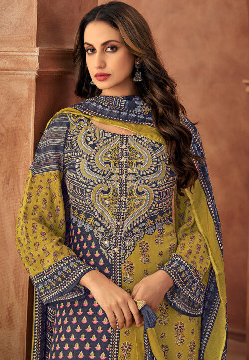 Digital Printed Muslin Silk Pakistani Suit in Green and Blue