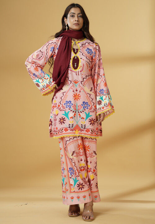 Digital Printed Muslin Silk Pakistani Suit in Pink