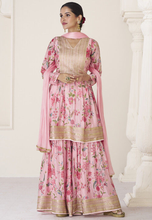 Digital Printed Muslin Silk Pakistani Suit in Pink