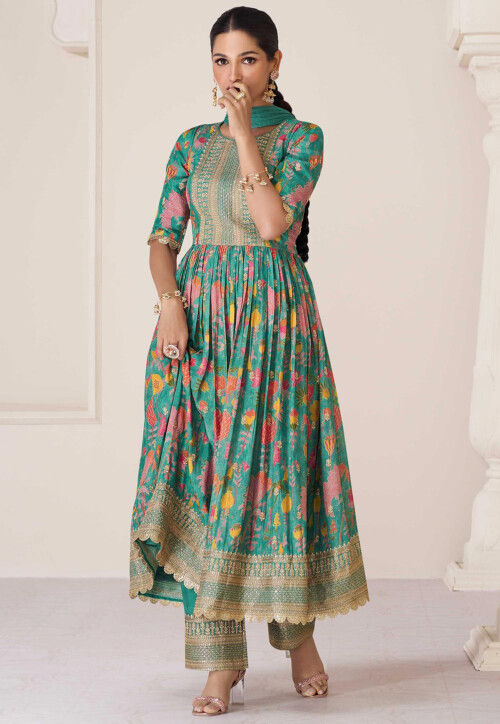 Digital Printed Muslin Silk Pakistani Suit in Teal Blue