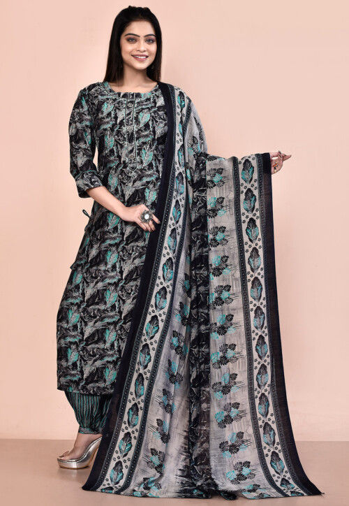 Digital Printed Muslin Silk Punjabi Suit in Black and Multicolor