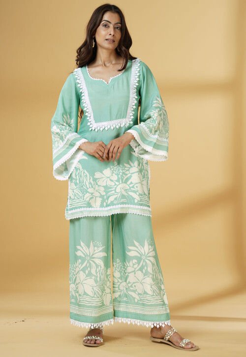 Digital Printed Muslin Silk Straight Kurti Set in Light Green