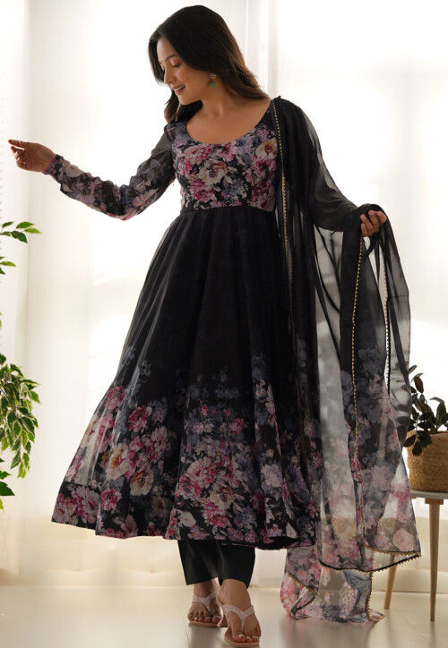 Digital Printed Organza A Line Suit in Black