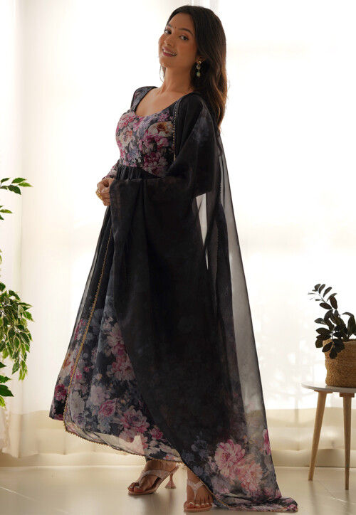Digital Printed Organza A Line Suit in Black