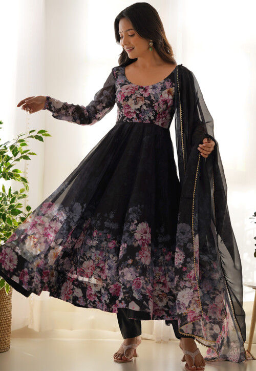 Digital Printed Organza A Line Suit in Black