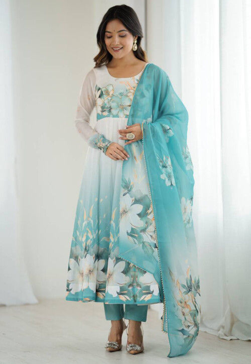 Digital Printed Organza A Line Suit in Shaded White and Sky Blue