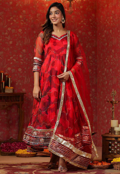 Digital Printed Organza Aline Suit in Red