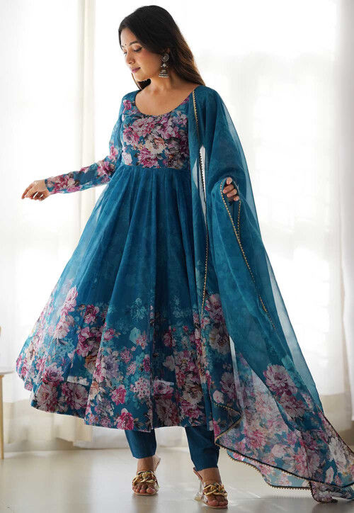 Digital Printed Organza Aline Suit in Teal Blue