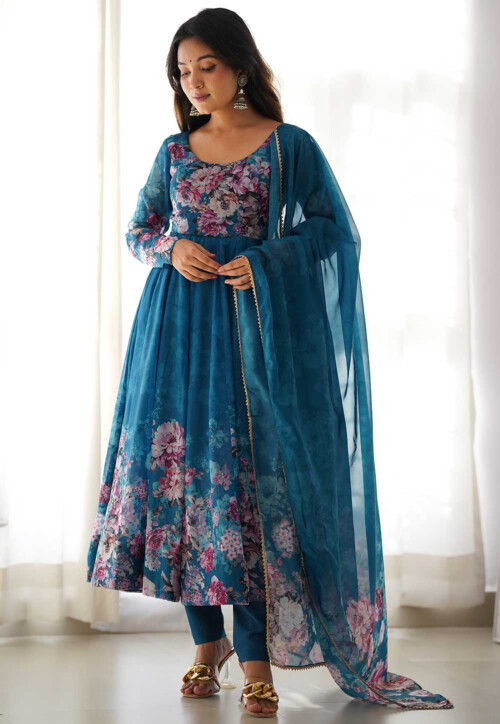 Digital Printed Organza Aline Suit in Teal Blue