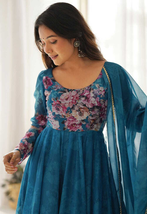 Digital Printed Organza Aline Suit in Teal Blue