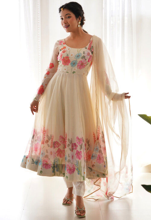 Buy Green Floral Print Anarkali Suit Set Online - RK India Store View