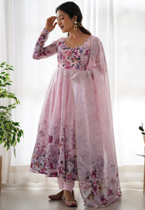 Pink Designer Pure Soft Organza Anarkali Dress With Digital Printed Work