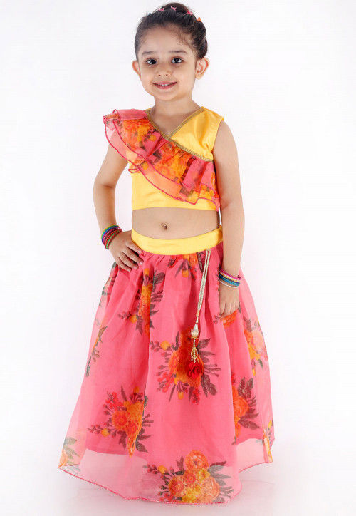 Digital Printed Organza Crop Top N Skirt in Pink and Yellow