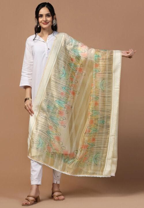 Digital Printed Organza Dupatta in Beige