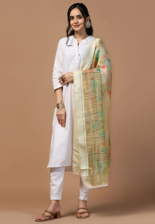 Digital Printed Organza Dupatta in Beige