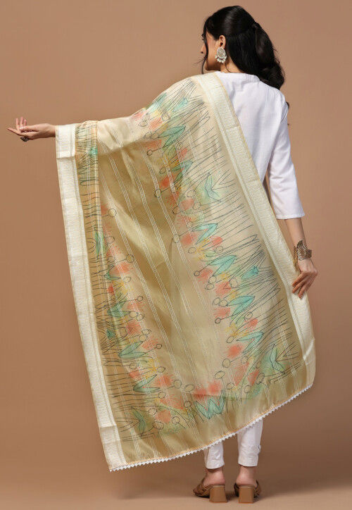 Digital Printed Organza Dupatta in Beige