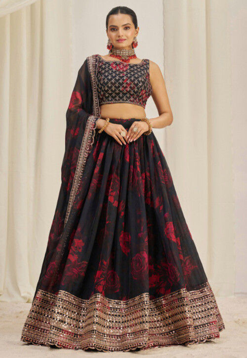 Digital Printed Organza Lehenga in Black