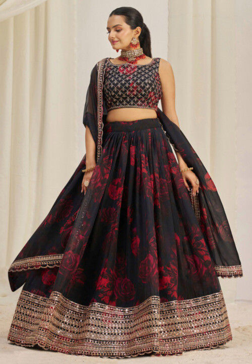 Digital Printed Organza Lehenga in Black