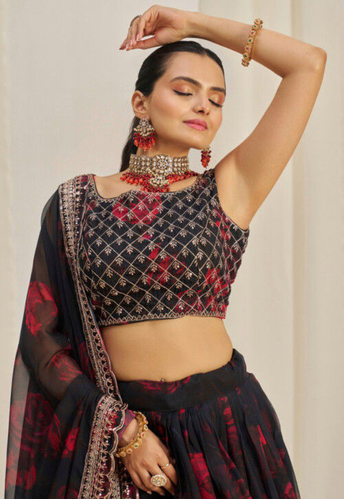 Digital Printed Organza Lehenga in Black