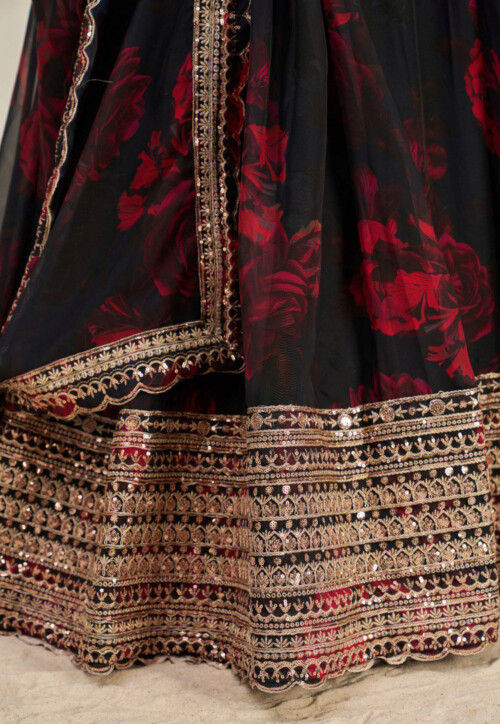 Digital Printed Organza Lehenga in Black