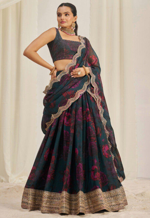 Digital Printed Organza Lehenga in Dark Teal Blue