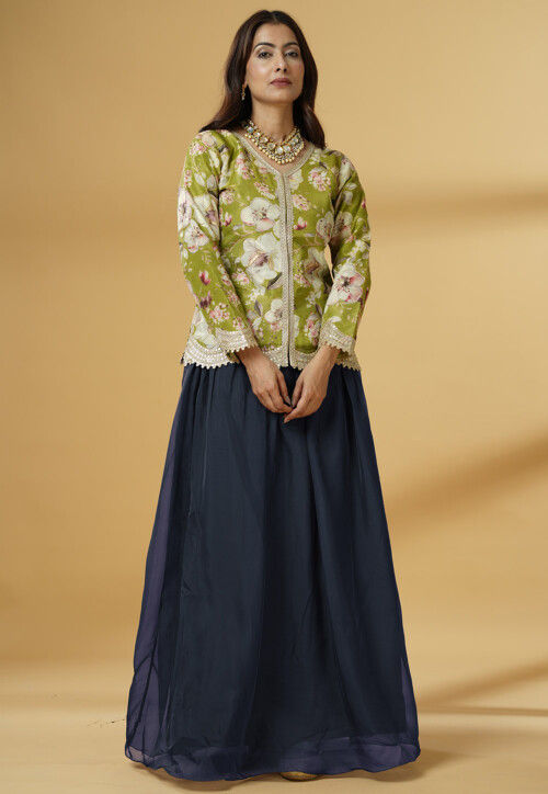 Digital Printed Organza Lehenga in Dusty Blue
