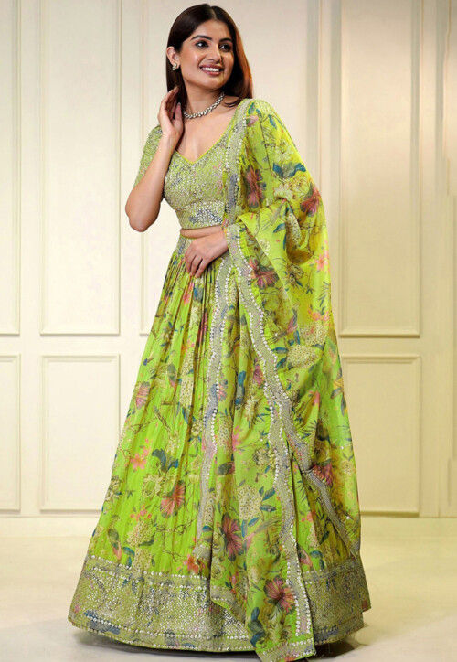 Digital Printed Organza Lehenga in Light Green