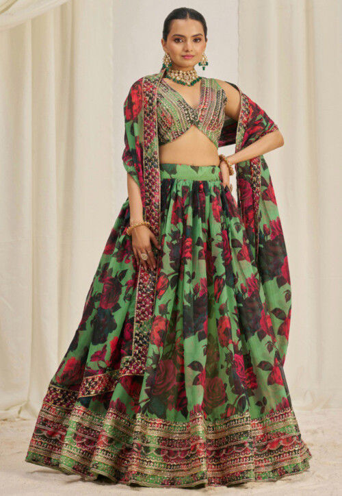 Digital Printed Organza Lehenga in Light Green