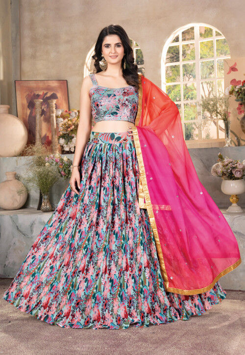 Digital Printed Organza Lehenga in Multicolor