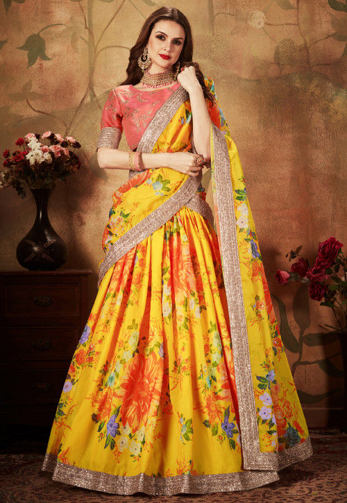 Digital Printed Organza Lehenga in Mustard