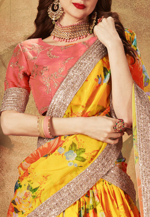 Digital Printed Organza Lehenga in Mustard
