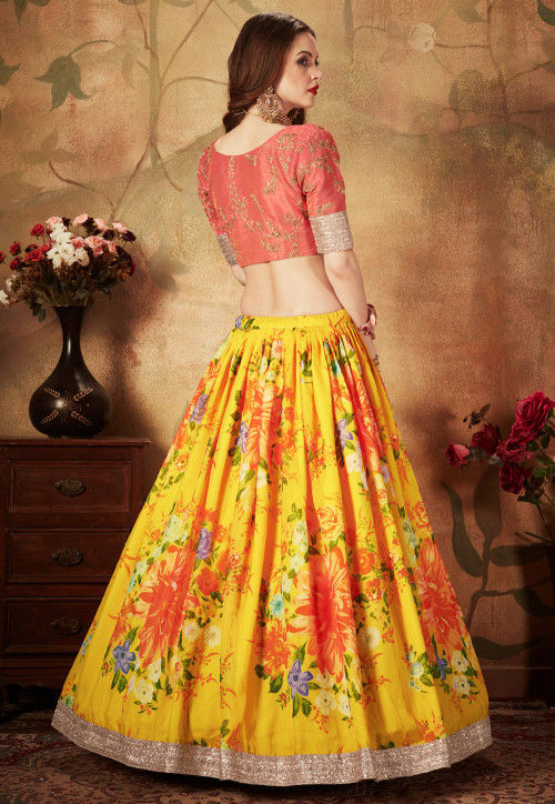 Digital Printed Organza Lehenga in Mustard