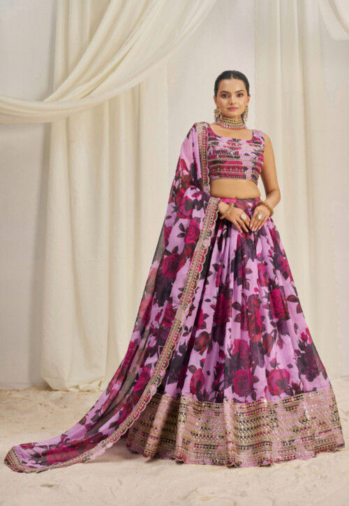 Digital Printed Organza Lehenga in Purple