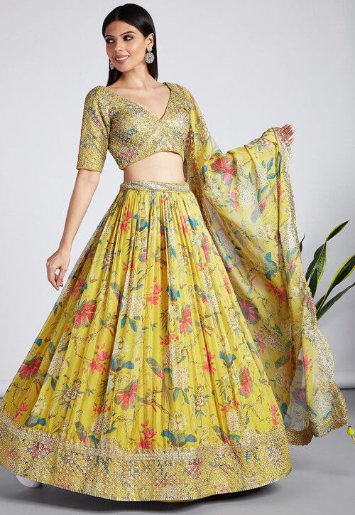 Buy Yellow Soft Organza Lining Shantoon Embroidery V Bridal Lehenga Set For  Women by Aneesh Agarwaal Online at Aza Fashions.