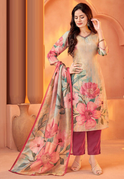 Digital Printed Organza Pakistani Suit in Beige