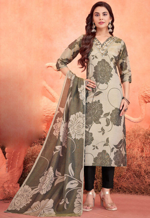 Digital Printed Organza Pakistani Suit in Beige