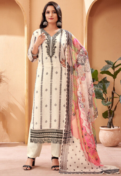 Digital Printed Organza Pakistani Suit in Beige