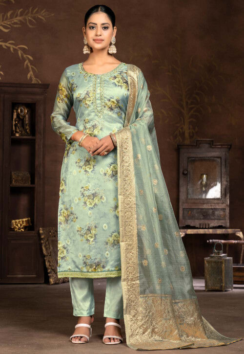 Digital Printed Organza Pakistani Suit in Light Blue