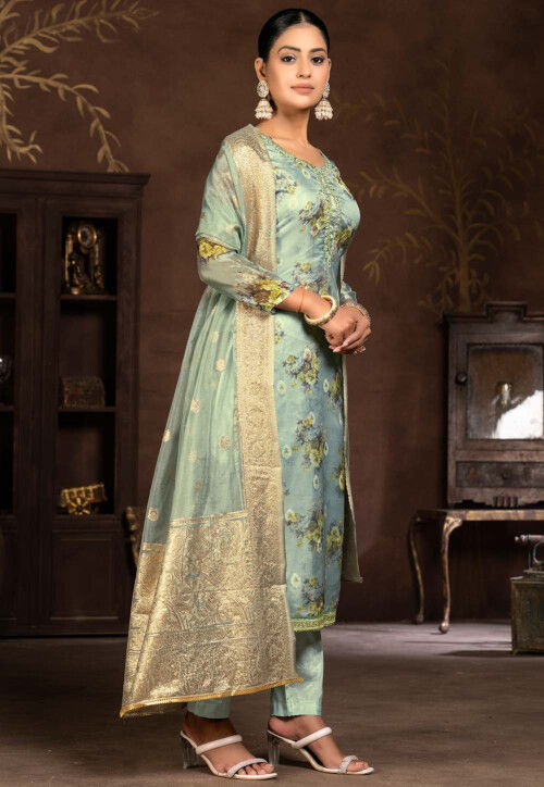 Digital Printed Organza Pakistani Suit in Light Blue