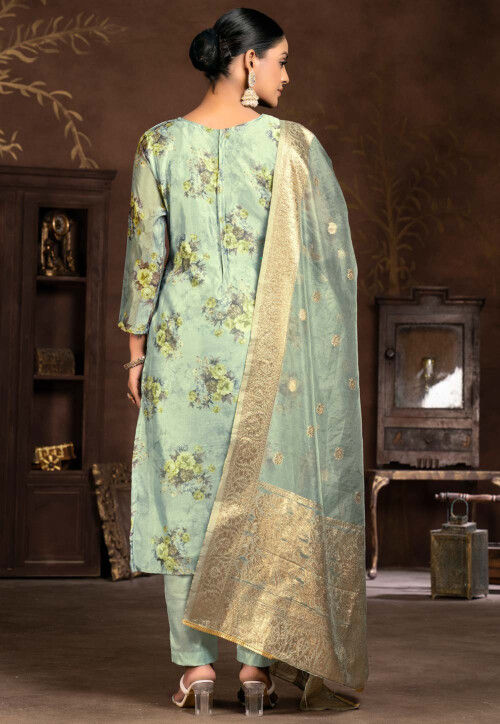 Digital Printed Organza Pakistani Suit in Light Blue