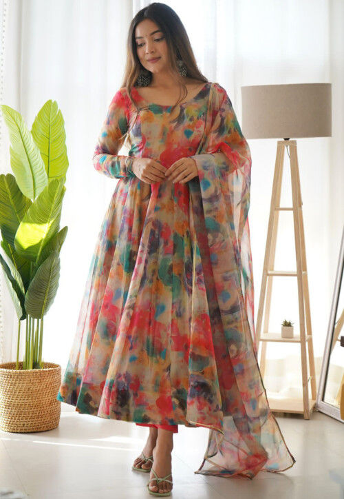 Digital Printed Organza Pakistani Suit in Multicolor