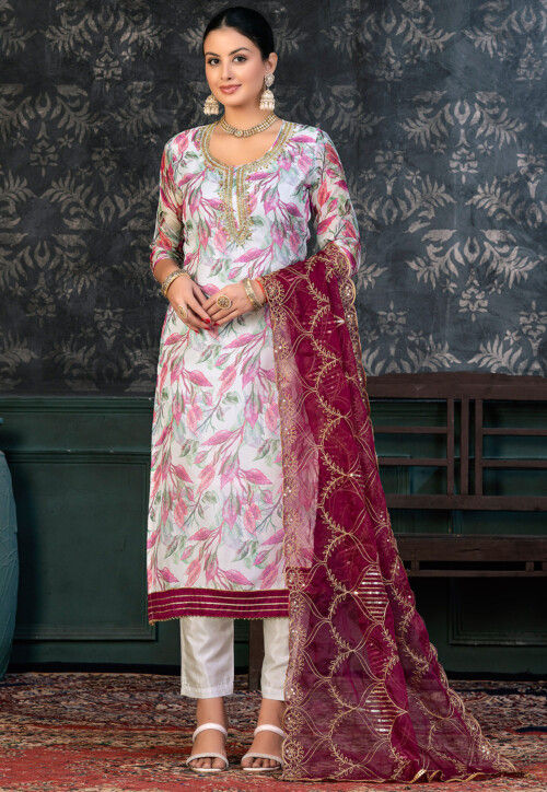 Digital Printed Organza Pakistani Suit in Off White